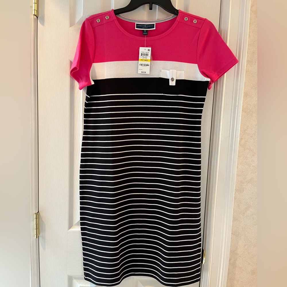 Karen Scott PM nautical looking dress. Black white strips and pink white on top.